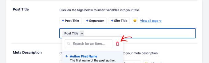 Ștergerea etichetelor inteligente din titlul SEO implicit