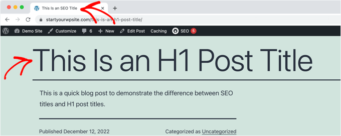 Exemplu de titlu H1 în postare și titlu SEO în fila browserului