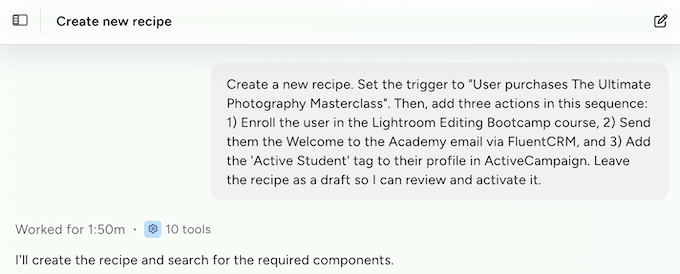 Creating an automated workflow recipe using AI Creating an automated workflow recipe using AI