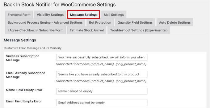 Konfigurieren der Nachrichteneinstellungen des Instock Notifier