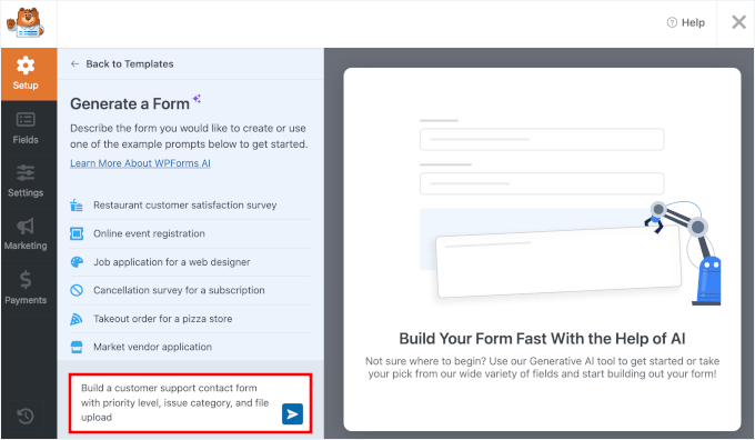 Verwendung einer Eingabeaufforderung zur Erstellung eines Formulars in WPForms