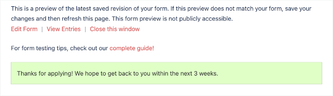 Job application form confirmation message Job application form confirmation message