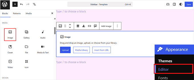 Add image block in FSE sidebar Add image block in FSE sidebar