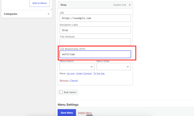 Adăugarea nofollow la un element de meniu de navigare în tema clasică Adăugarea nofollow la un element de meniu de navigare în tema clasică