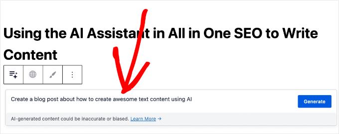 Utilizzo dell'Assistente AI di AIOSEO nell'Editor a Blocchi di WordPress