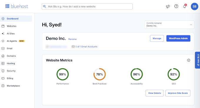 Bluehost account dashboard 