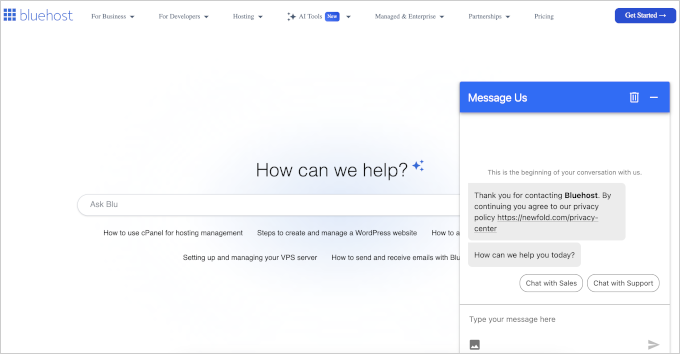 Bluehost AI powered support with human support agents available