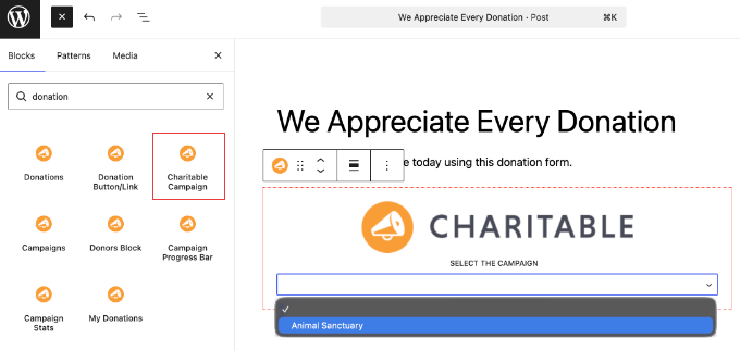 Adăugarea unui bloc de campanie Charitable într-o postare sau pagină Adăugarea unui bloc de campanie Charitable într-o postare sau pagină