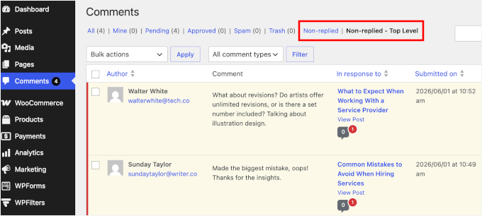 Non replied comments inside DX Unanswered Comments