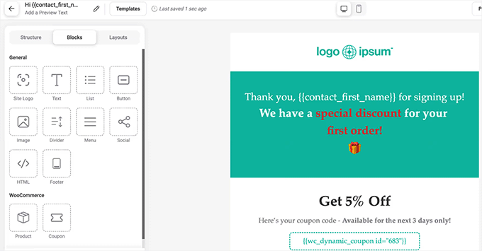 Customize first order discount email in FunnelKit Automations