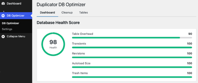 Vizualizarea scorului de sănătate a bazei de date DB Optimizer Vizualizarea scorului de sănătate a bazei de date DB Optimizer