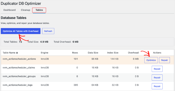 Tabellenoptimierung mit DB Optimize Tabellenoptimierung mit DB Optimize