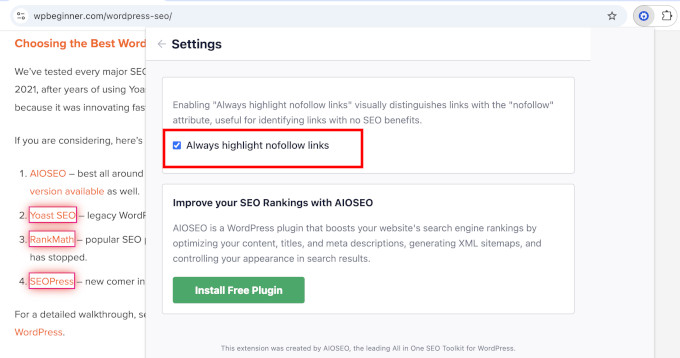 Evidențiați linkurile nofollow folosind extensia de browser AIOSEO Evidențiați linkurile nofollow folosind extensia de browser AIOSEO