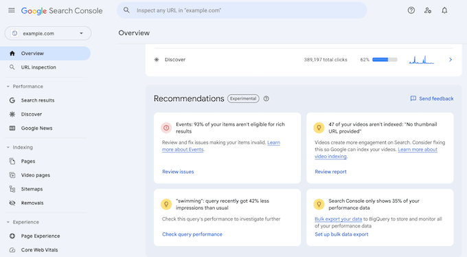 An example of the Google Search Console recommendations card An example of the Google Search Console recommendations card