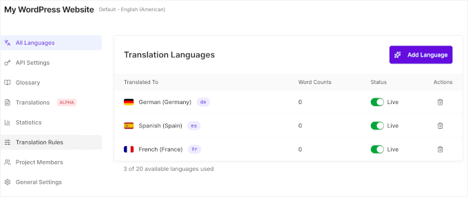 Target languages on the Universally dashboard Target languages on the Universally dashboard