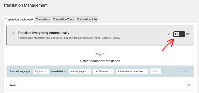 Butonul de traducere automată WPML în tabloul de bord de gestionare a traducerilor