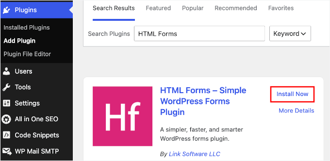 Instalarea pluginului HTML Forms în WordPress