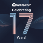Baner z okazji WPBeginner z logo i napisem „Świętujemy 77 lat!” na tle ciemnoniebieskiej fali