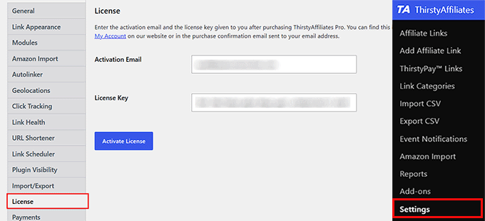 Add activation email and license in ThirstyAffiliates Add activation email and license in ThirstyAffiliates