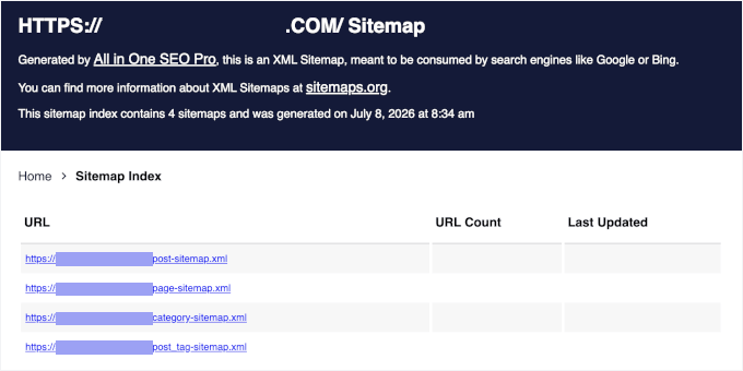 Previewing AIOSEO's XML sitemap