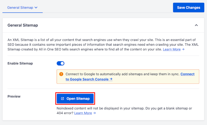 Button to preview your XML sitemap