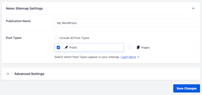 News sitemap's settings in AIOSEO