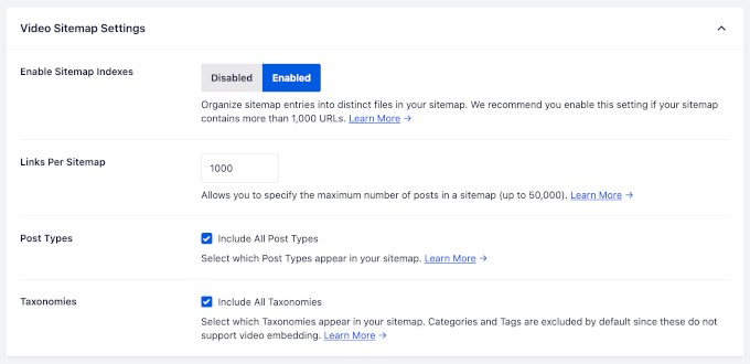 Video sitemap settings
