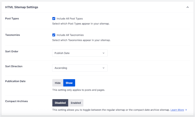 HTML sitemap settings in AIOSEO