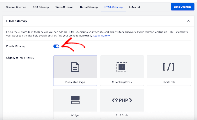 HTML Sitemap settings panel: sitemap is enabled; options shown include Dedicated Page (selected), Gutenberg Block, Shortcode, Widget, and PHP Code.