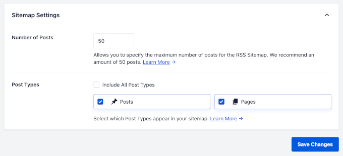 RSS sitemap settings in AIOSEO