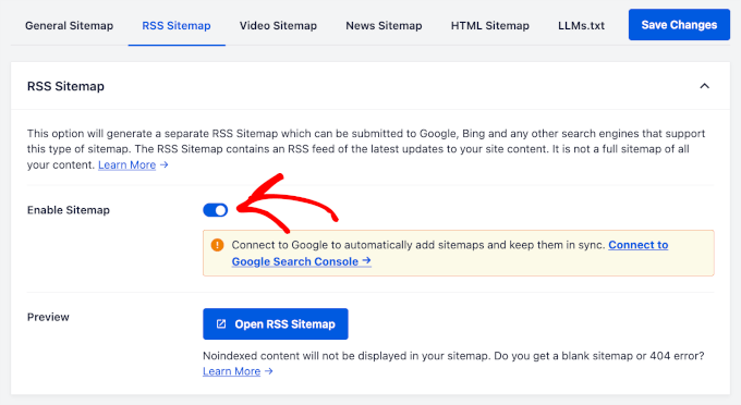 Enabling RSS sitemap