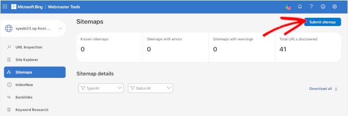 The Submit sitemap button in Bing Webmaster Tools
