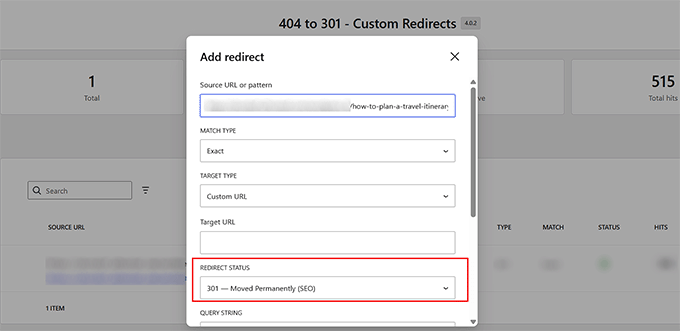 404'ten 301'e Yönlendirme Yöneticisi eklentisinde bir yönlendirme durumu seçin 404'ten 301'e eklentisinde bir yönlendirme durumu seçin