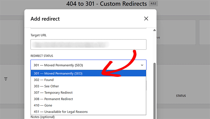 Choose a redirect status in the 404 to 301 Redirect Manager plugin Choose a redirect status in the 404 to 301 Redirect Manager plugin