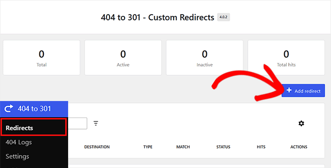 404'ten 301'e Yönlendirme Yöneticisi eklentisindeki Yönlendirme Ekle düğmesine tıklayın 404'ten 301'e eklentisindeki Yönlendirme Ekle düğmesine tıklayın
