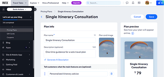 Create a pricing plan for consultation in Wix