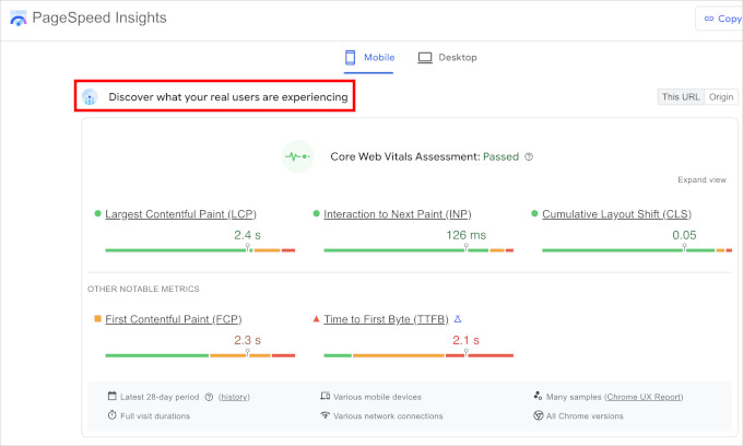 Upptäck verklig användarupplevelse Skärmdump av PageSpeed Insights som visar en mobilvy med rubriken 'Upptäck vad dina verkliga användare upplever' markerad och Core Web Vitals-mätvärden (LCP, INP, CLS) med statusen 'Godkänd'.