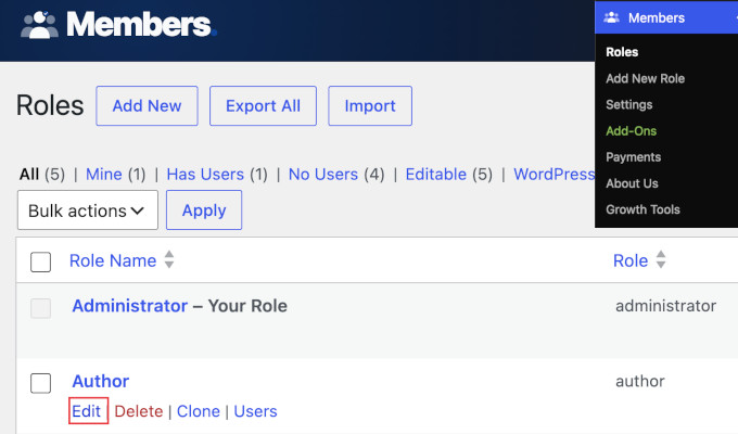 Modifica il ruolo utente nel plugin Members