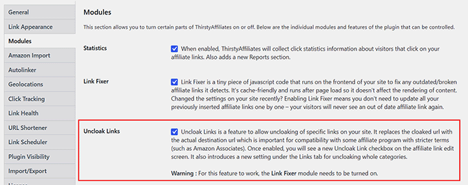 Enable uncloak links option in ThirstyAffiliates Enable uncloak links option in ThirstyAffiliates