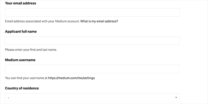 Fill out a form for Medium Partner Program