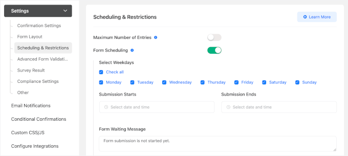 Fluent Forms' scheduling and restriction settings Fluent Forms' scheduling and restriction settings