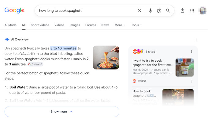 Google AI overview "How to cook spaghetti"