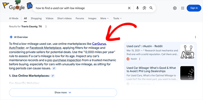 Ett exempel på en AI-översikt i Googles sökresultat Ett exempel på en AI-översikt i Googles sökresultat