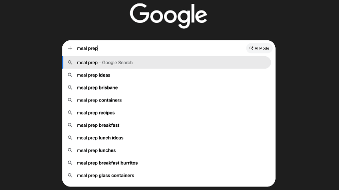Google autocomplete dropdown showing keyword suggestions for meal prep