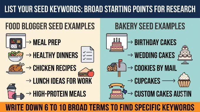 Infographic comparing seed keyword examples for a food blog, like meal prep and healthy dinners, with seed keyword examples for a bakery, like birthday cakes and wedding cakes