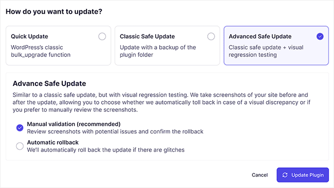Funcție de actualizări sigure în WP Umbrella Funcție de actualizări sigure în WP Umbrella