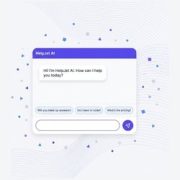 Screenshot eines HelpJet KI-Chat-Widgets mit violettem Header, Begrüßungsnachricht und Chat-Blasen; zeigt ein Texteingabefeld unten mit einer Senden-Schaltfläche rechts.