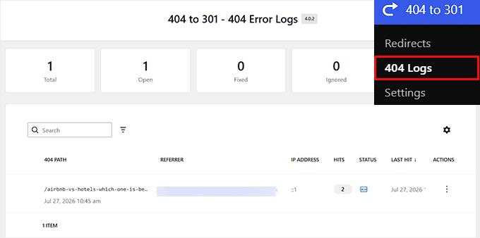 404'ten 301'e Yönlendirme Yöneticisi eklentisinde 404 hata günlüğünü görüntüleyin 404'ten 301'e eklentisinde 404 hata günlüğünü görüntüleyin
