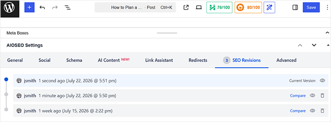 View SEO Revisions with AIOSEO View SEO Revisions with AIOSEO