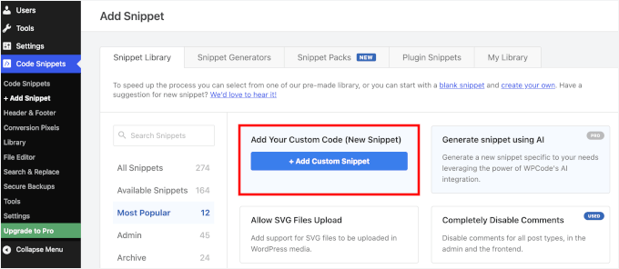 Adăugarea unui fragment de cod personalizat pe WPCode Adăugarea unui fragment de cod personalizat pe WPCode